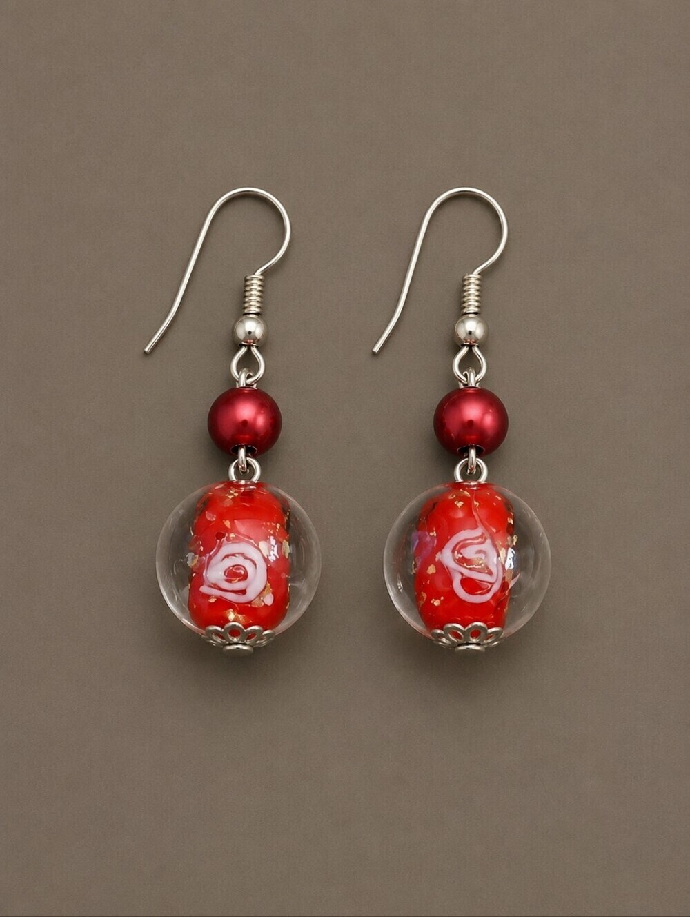 3/$30 HANDMADE Red Floral Glass Beaded Dangle Hook Valentine's Earrings